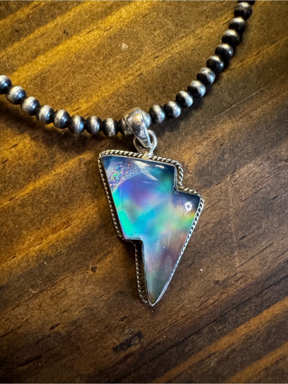 Iridescent Lightning-Shaped Opal Sterling Pendant